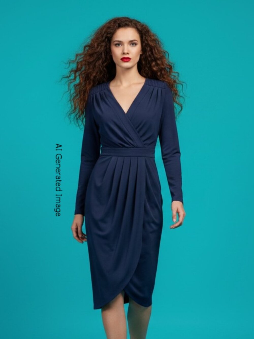 Donna Karan Navy Blue Long Sleeve Faux-Wrap Tulip Dress - Size 10